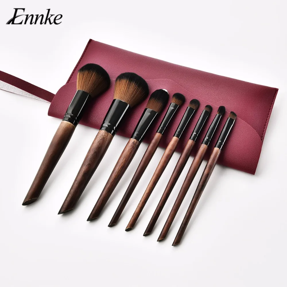 ENNKE 2019 New Arrival 8 Pcs Coffee Makeup Brushes With Dark Red Case Soft Synthetic Hair Wood Handle Facial Eyeshadow Blush Lip