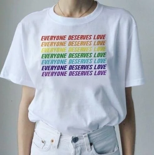 

sunfiz YF Summer Style Fashion Top Tee Everyone Deserves Love Rainbow Color T-Shirt Tumblr Fashion LGBT Gay Pride Slogan Tee