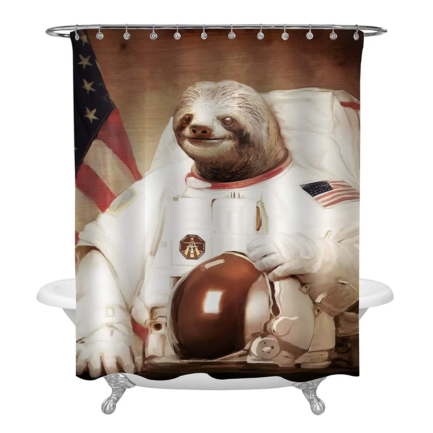 Watercolor Spaceman Animal Astronaut Sloth Shower Curtain Set with Hooks for Bath Funny Animal Bathroom Accessories