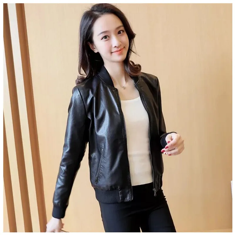 Leather jacket 2020 women\'s high waist PU leather jacket soft leather jacket Slim round neck motorcycle jacket black