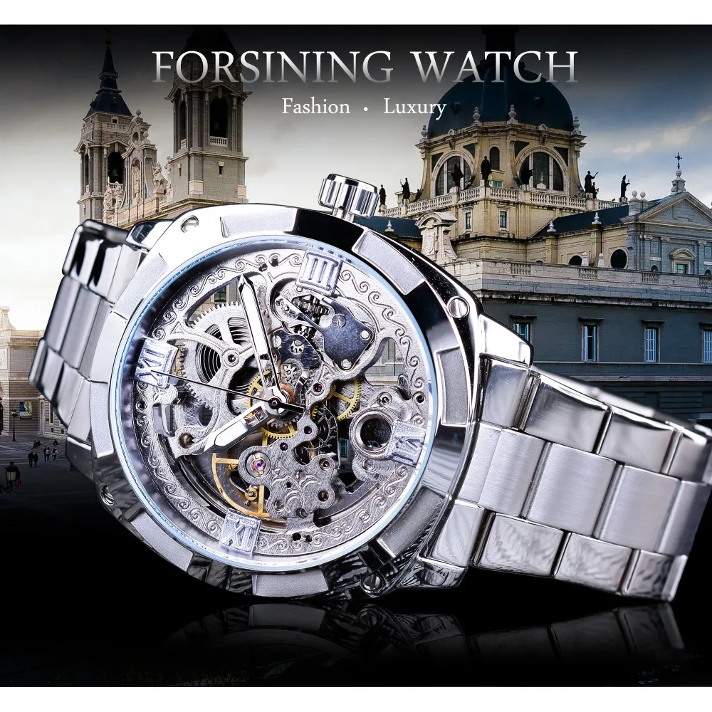 Forsining Silver Watches Folding Clasp with Safety Men\'s Automatic Watches Top Brand Luxury Transparent Watches Luminous Hands