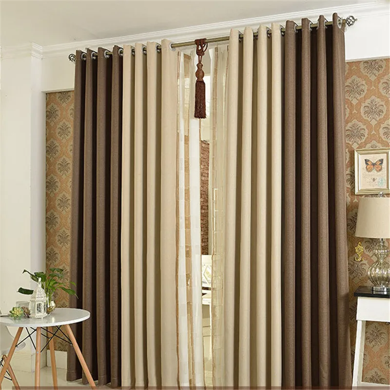 Window Curtains Blackout Faux Linen Curtains for Living Room Bedroom Cortinas de cocina Beige Coffee Stitching Custom Made