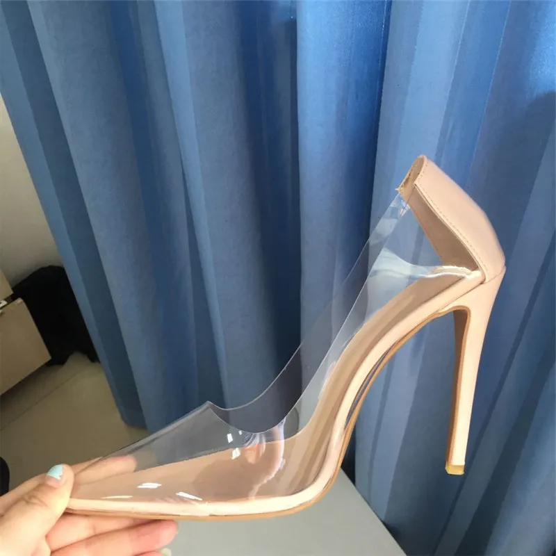 Size 44 Sexy Pvc Clear Women Pumps Pointed Toe Slip On Transparent Bride shoes Women Stiletto High heel Pump 10cm Shoes Woman