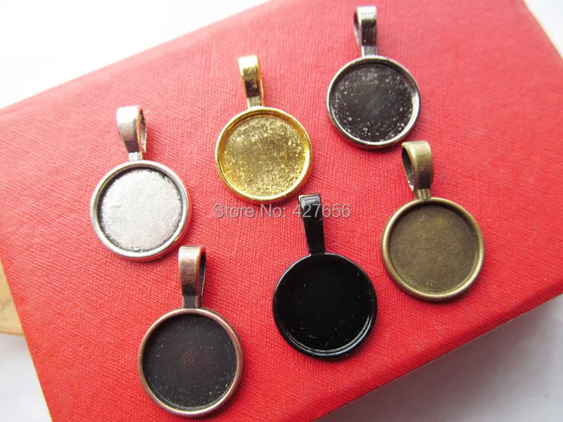 100pcs Round Frame Base Bezel Setting Tray Pendant Charm/Finding,fit 14mm Cabochon/Picture/Cameo,Big Bail Hook,6 Colors