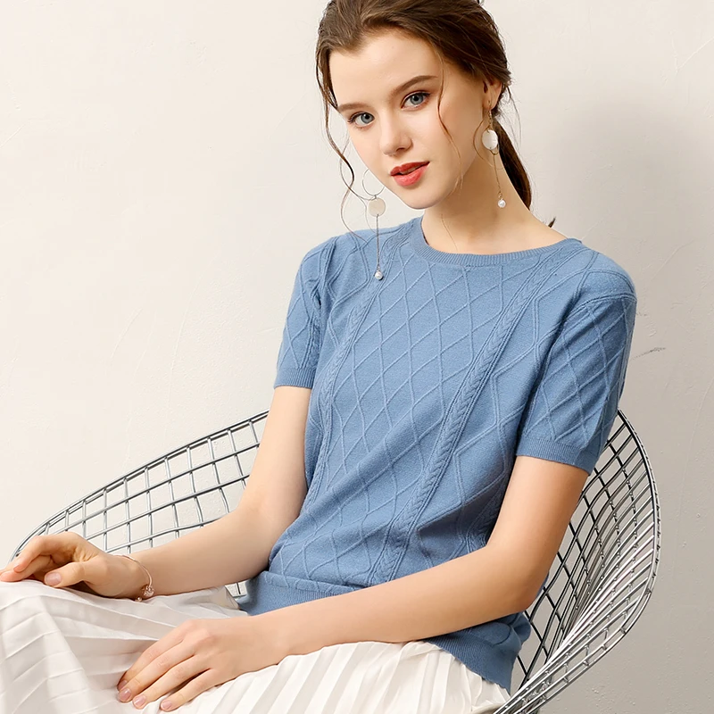 Soft Diamond knit Sweaters and Pullovers for Women Cashmere Vertical Short Sleeve Spring Autumn Blouse Tops Female Brand Jumper