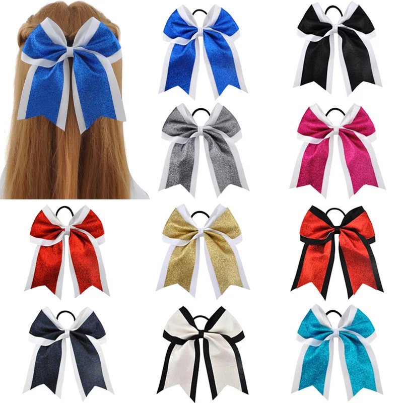 7 Inch Fashion Sequin Cheerleading Hair Bow Glitter Grosgrain Ribbon Bows Elastic Band Ponytail Hair Holder For Girls And Wome