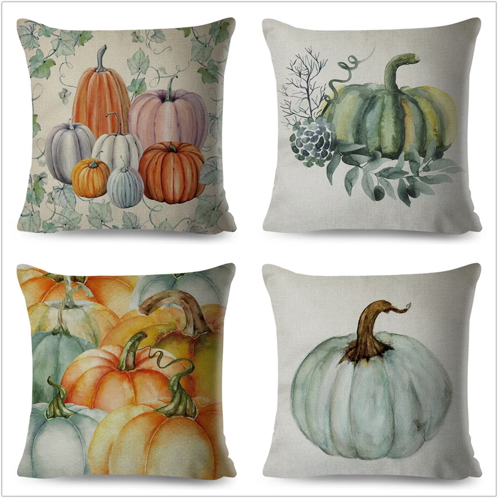 Watercolor Pumpkin Pillow Case Decor Harvest Thanksgiving Cushion Cover for Sofa Home Children Room Polyester Pillowcase 45x45cm