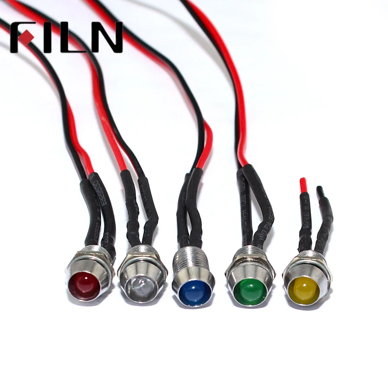 FILN 50pcs Led light pilot lamp pre-wired effects 5V 12V 24V 220V LED 8mm signal light indicator led with 20cm wire