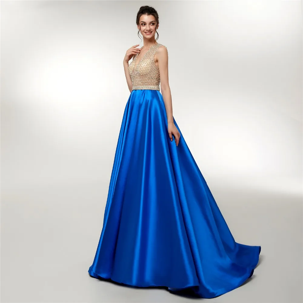 JaneVini – robe de bal de luxe en Satin bleu, ligne A longue, décolleté en V profond, sans manches, perles lourdes, dos transparent, Sexy, 2019