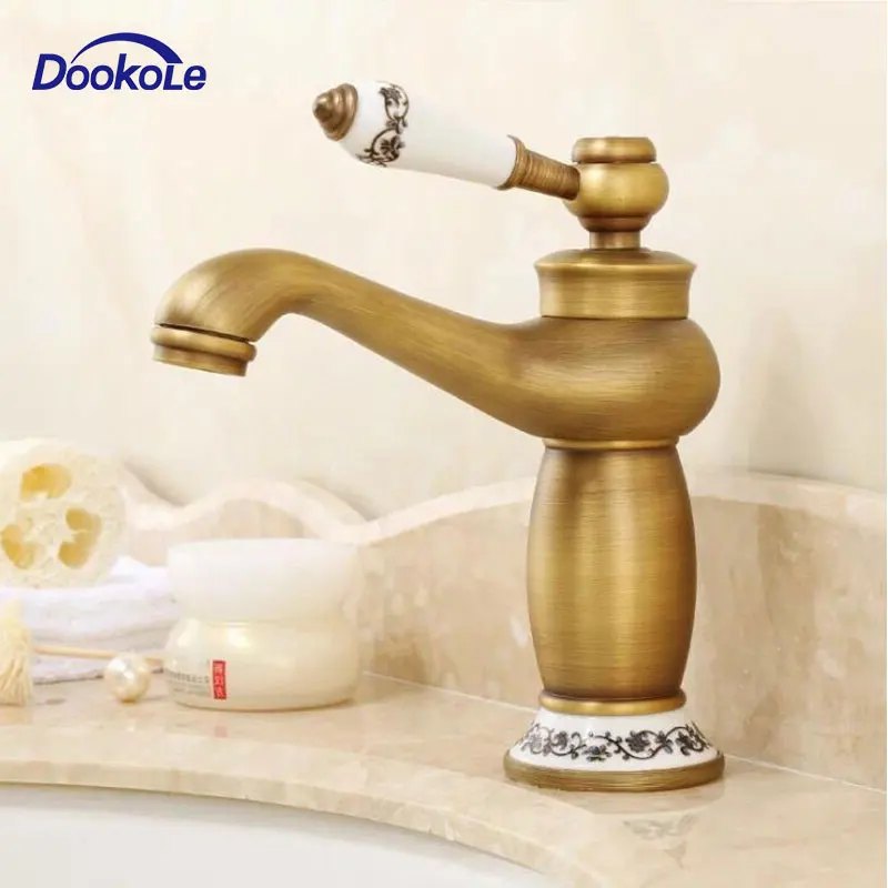 Bathroom Faucet Antique Bronze Copper Hot and Cold Deck Mounted,Sink Tap Ceramic decoration Brass Gold Finished