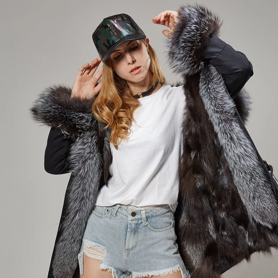 Maomaokong Natürliche fuchs pelz futter pelzmantel winter jacke frauen outwear warme dicke parkas echt fox pelz kragen mantel mit kapuze