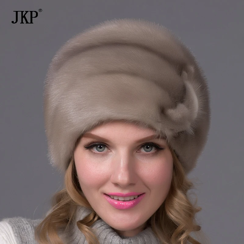 JKP Genuine Real Natural Whole Fur Mink Fur Hat New Russia Lady Women Winter warm Ear Protection Casual Floral Visors Caps