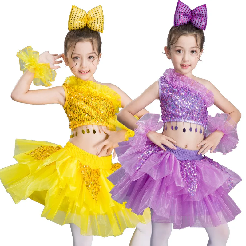 Ragazze costumi di danza del ventre nuovi di stile dei bambini femminile soffici sequins del pannello esterno dei bambini coro costumi di danza vestiti di prestazione