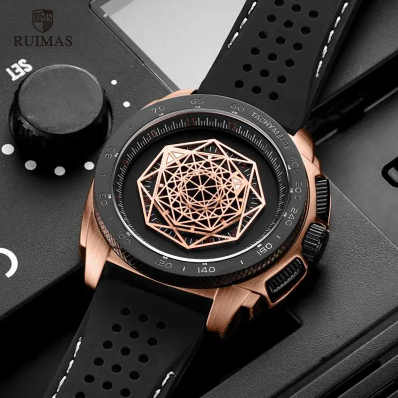 RUIMAS Men\'s Leather Quartz Watches Top Brand Luxury Army Military Sports Wristwatch for Man Relogios Masculino Clock 554 Rose