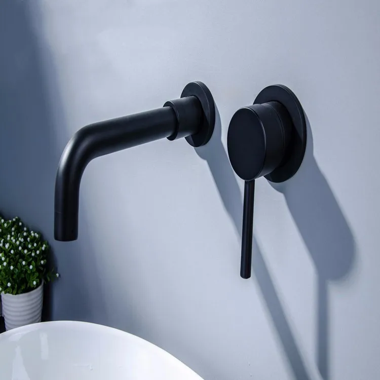 Matte Black Brass Wall Mounted Basin Faucet Single Handle Bathroom Mixer Tap Hot Cold Sink Faucet Rotation Spout