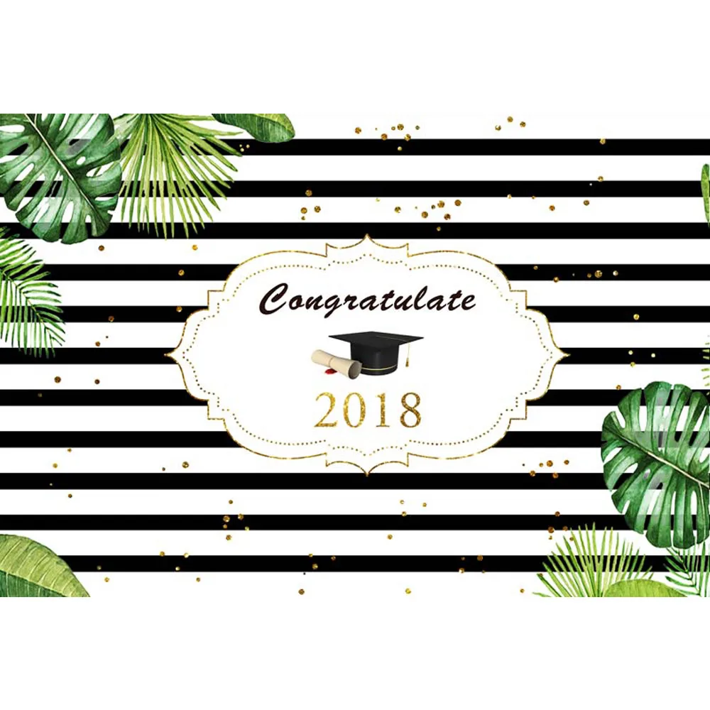 

Black and White Striped Graduation Theme Backdrop Printed Gold Polka Dots Green Leaves Children Party Photo Booth Background