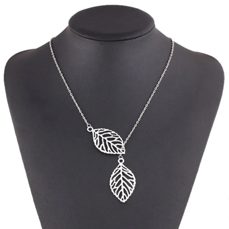 New Double Leaves Women Clavicle Necklace Silver Color Leaf Pendants Necklaces Collares Fashion Jewelry bijoux femme