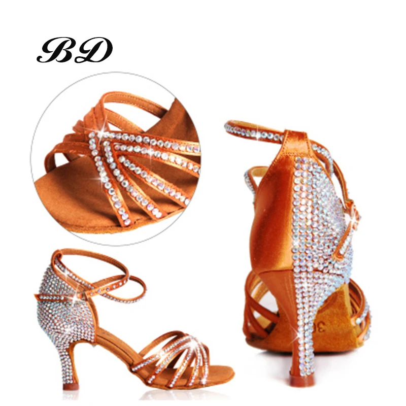 SALSA High Quality Dance Shoes Brand Party Ballroom Latin Girl Sports With Diamond Brown Dancing Discount BD 217 Thin Heels