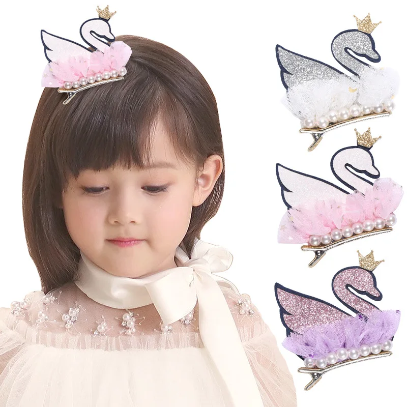 Boutique ins 15pcs Fashion Cute Glitter Tiaras Swan Hairpins Solid 3D Crown Pearl Lace Brid Hair Clips Princess Hair Accessories