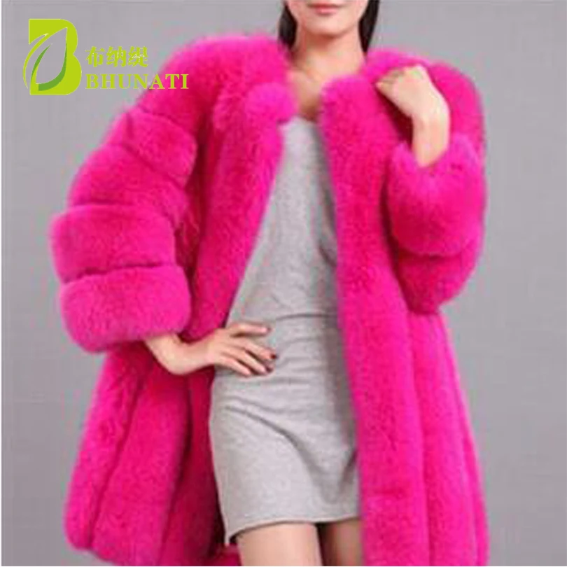 BHUNATI Winter Coat Female Faux Fox Fur Coat  Luxury Slim Long Fashion Three Quarter Sleeve Faux Fur Jacket Women Fake Fur Coat