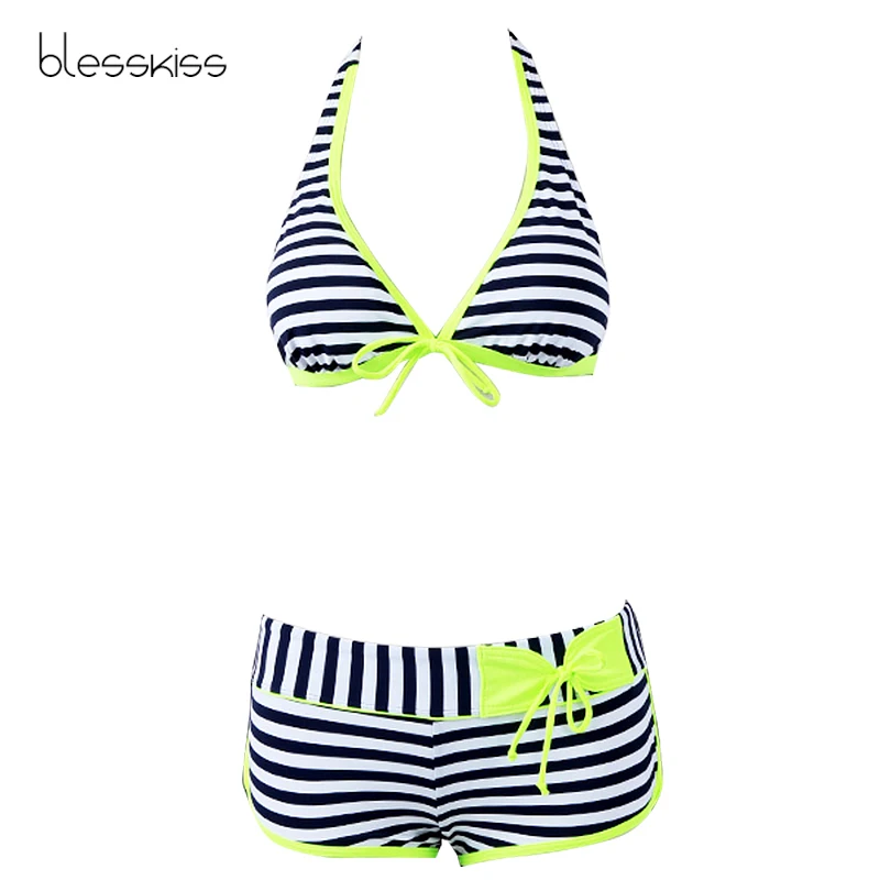 Sexy Halter Bikini Women Swimsuit 2023 Padded Striped Push Up Swimwear Swimming Suit For Ladies Bathing Suit With Shorts Pink