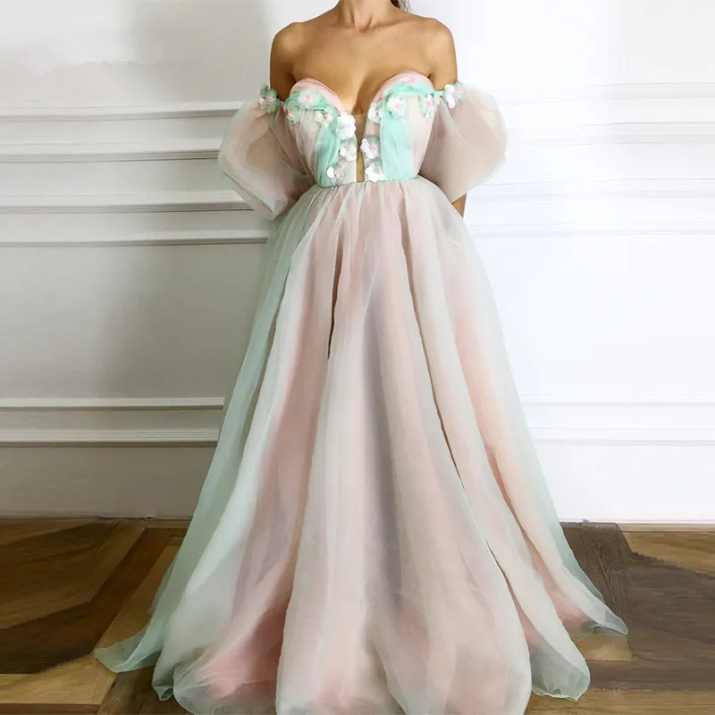 

Plus Size Muslim Evening Dresses A-line Sweetheart Tulle Flowers Pearls Islamic Dubai Saudi Arabic Long Formal Evening Gown