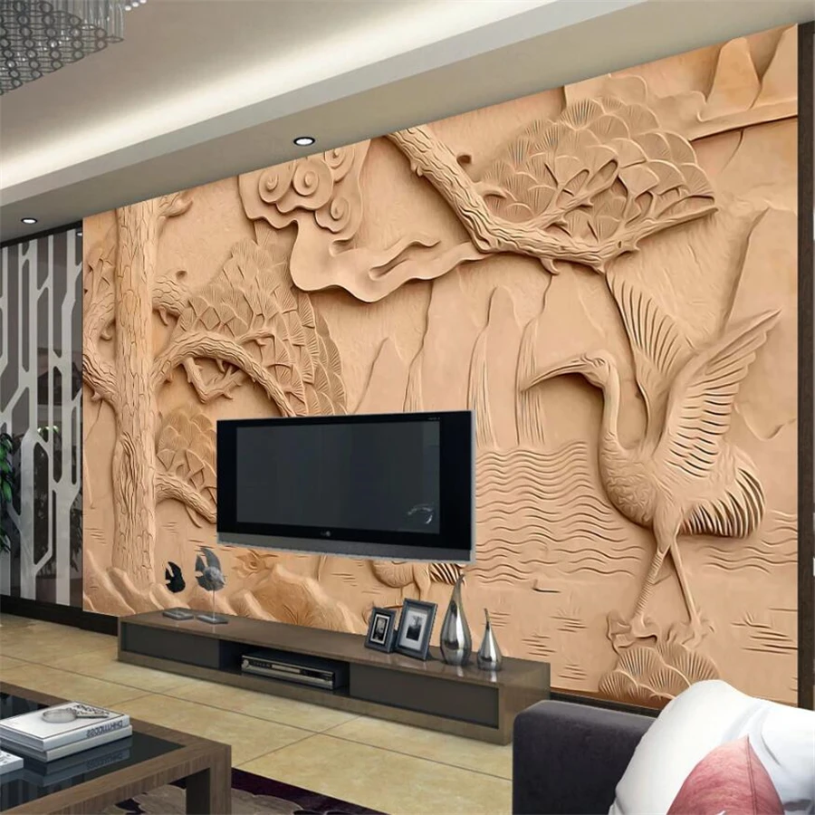 

wellyu papier peint Custom wallpaper 3d murals large wood carving crane mural TV background wall living room bedroom wallpaper