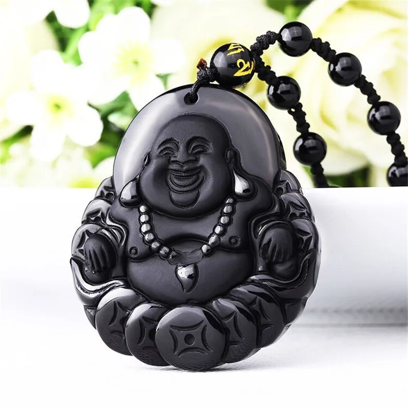 Drop Shipping Natural Black Obsidian Carved Buddha Lucky Amulet Pendant Necklace For Women Men Pendant Fine Jewelry Healing Gift