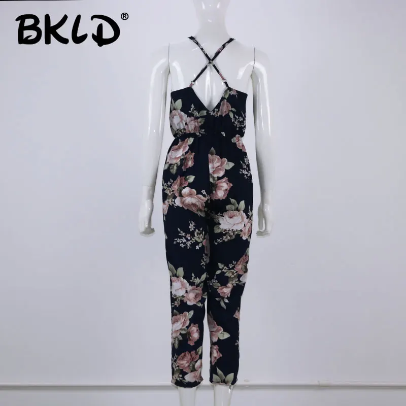 BKLD 2025 Sommer Frauen Casual Ärmellose V-ausschnitt Overalls Mode Damen Boho Floral Gedruckt Breite Bein Lange Hosen Backless Strampler