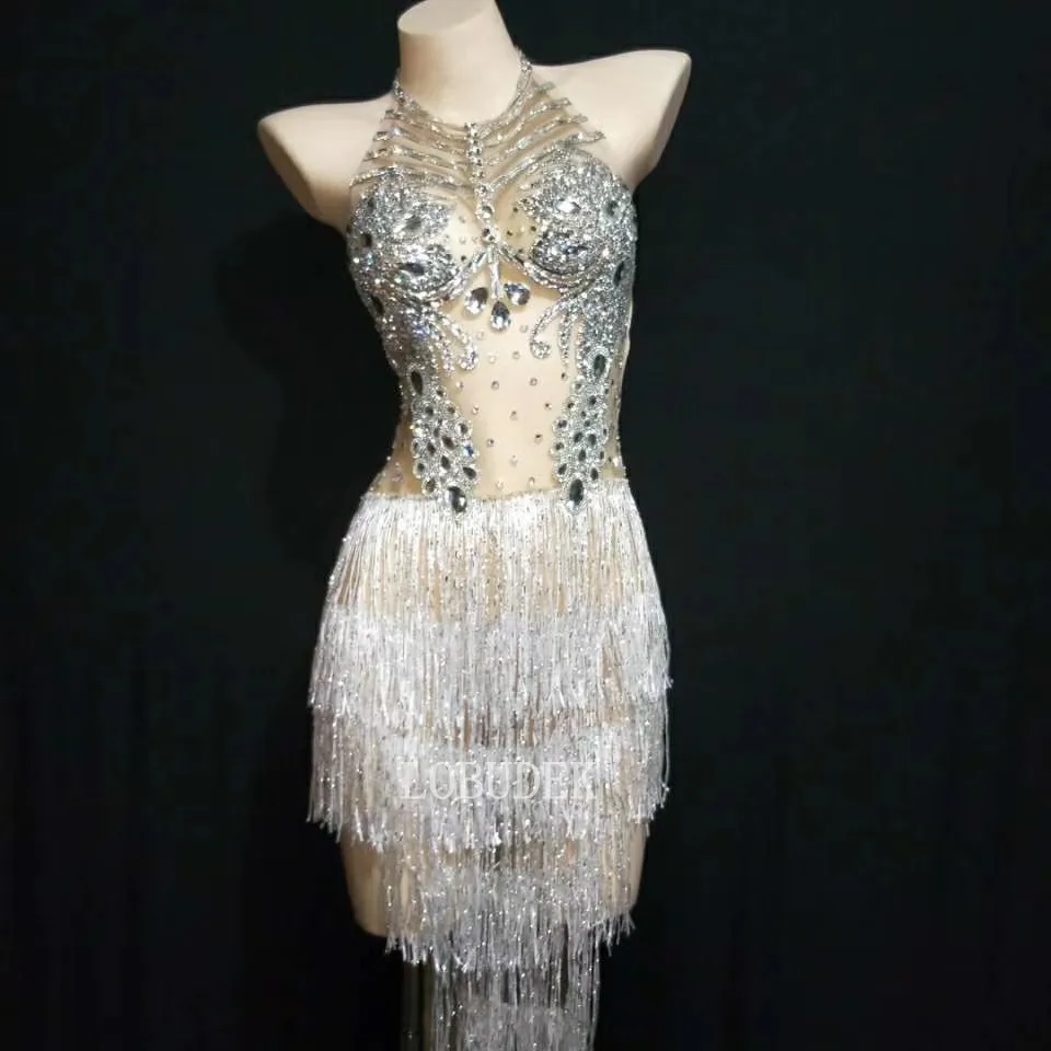 Sexy Bar Nachtclub Danser Zanger Danskostuum Zilver Strass Transparant Mesh Backless Kwastje Split Jurk Met Handschoenen Outfit