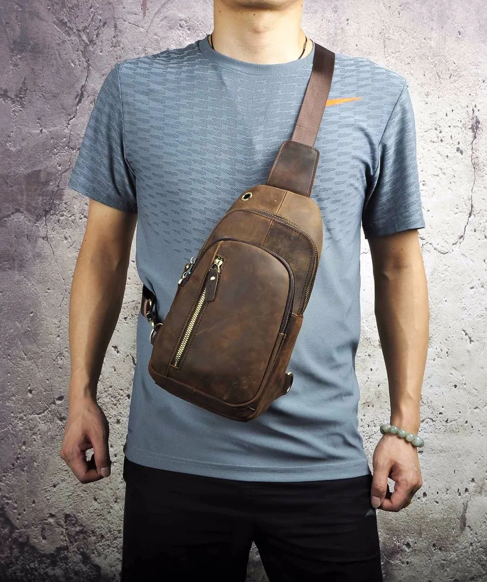 Men Original Leather Casual Fashion Chest Sling Bag Brown Design Travel Triangle One Shoulder Cross body Bag Daypack Male 8005-d