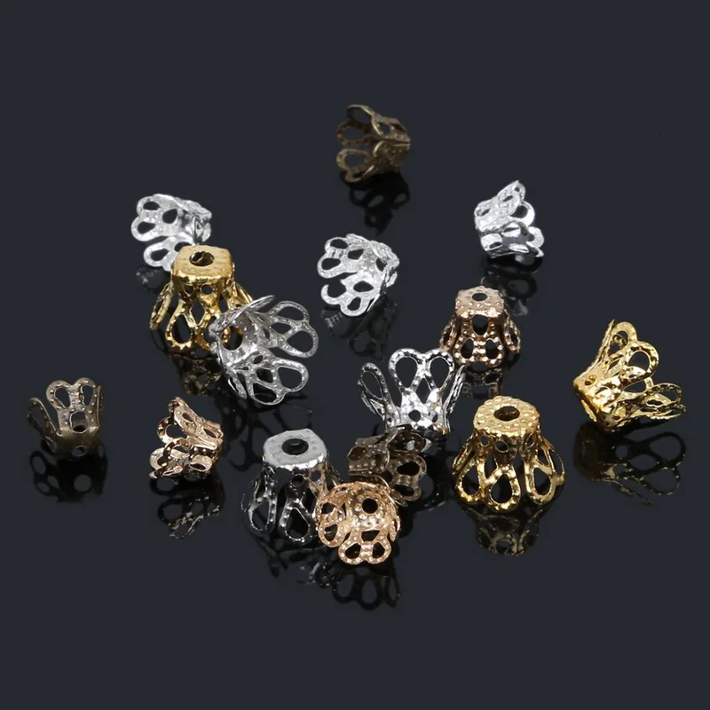 200pcs/lot DIY End Caps Gold/Rhodium/Bronze Plated Hollow Flower Metal Charms Bead Caps for Jewelry Making 6x5mm