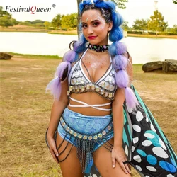 Festival queen Damen Pailletten Metall Körper Kette Patchwork 2 Stück Rock Set Festival Rave Outfits BH Top Sommer