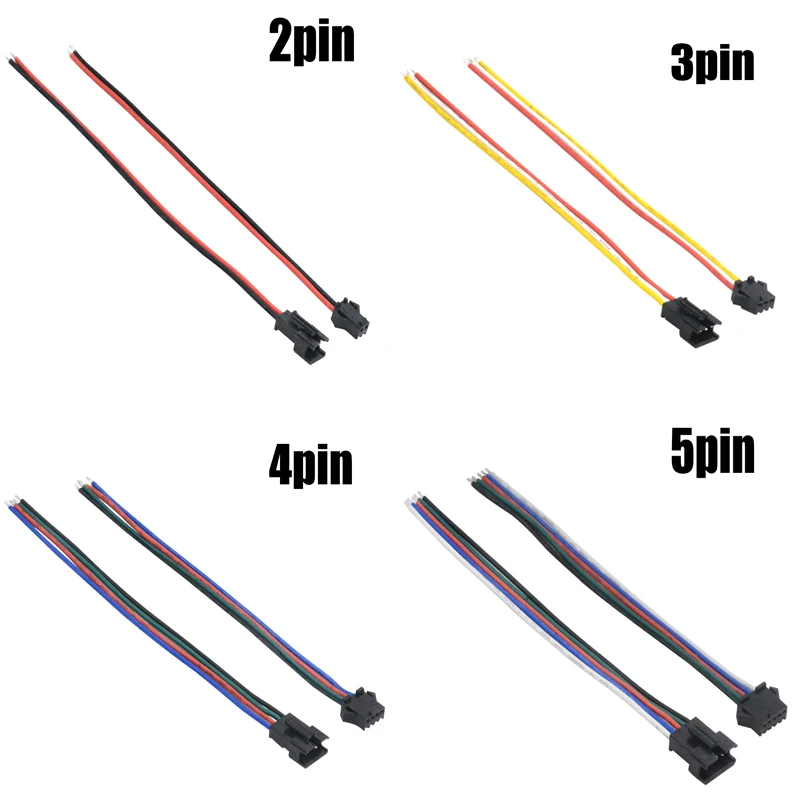 Conector de cabo macho e fêmea, Terminais LED Strip, 3528, 5050, RGB, RGBW, WS2801, WS2812, 2Pin, 3Pin, 4Pin, 5Pin, 6Pin, 15 centímetros