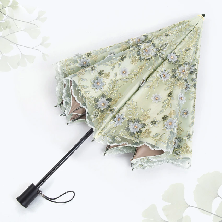 Elegant Lace Wedding Umbrella for Women, Dual-Folding Umbrella, Embroidery Umbrellas, Female Sunny Parasol, High Quality