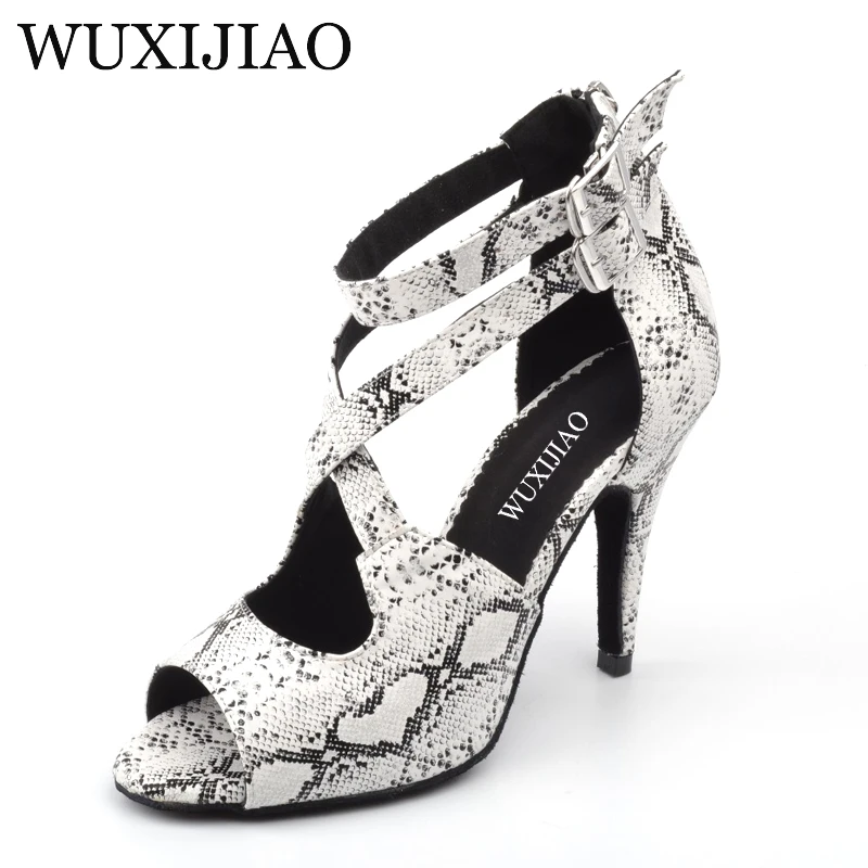 WUXIJIAO Women Latin Ballroom Dance Shoes Snake texture PU Salsa Dancing Shoes high Heel 6CM 7.5CM 8.5CM 10CM Waltz Tango Shoes