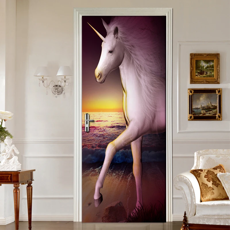 White Horses Art Oil Painting 3D Door Stickers Wallpaper PVC Waterproof Mural Poster Modern Living Room Bedroom Door Decor