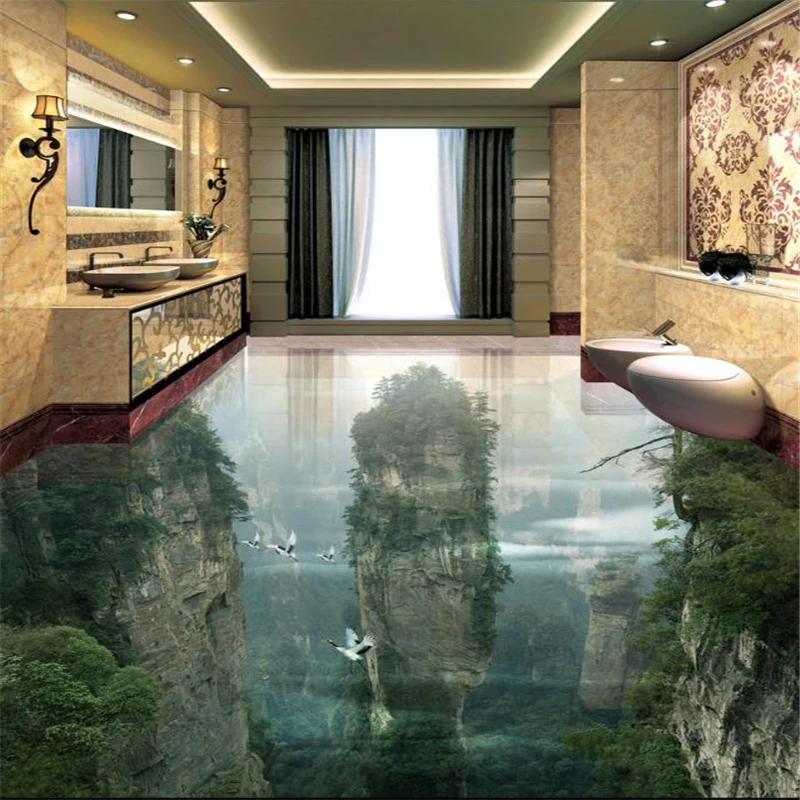 Custom Ground Decorated 3D Wallpaper People Wonderland Peak Cliffs Living Room Bathroom 3d flooring Tiles Paintings