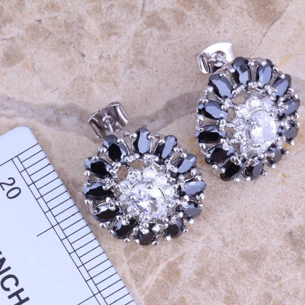 Wonderful Black Cubic Zirconia White CZ Silver Plated Jewelry Sets Earrings Pendant Ring Size 6 / 7 / 8 / 9 / 10 S0428