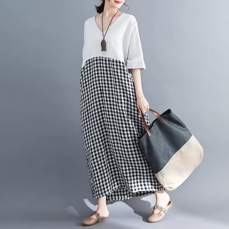 Johnature V-Neck Half Batwing Sleeve Dresses New Women High Waist Patchwork Vintage Plaid 2025 Summer Pockets Dresses