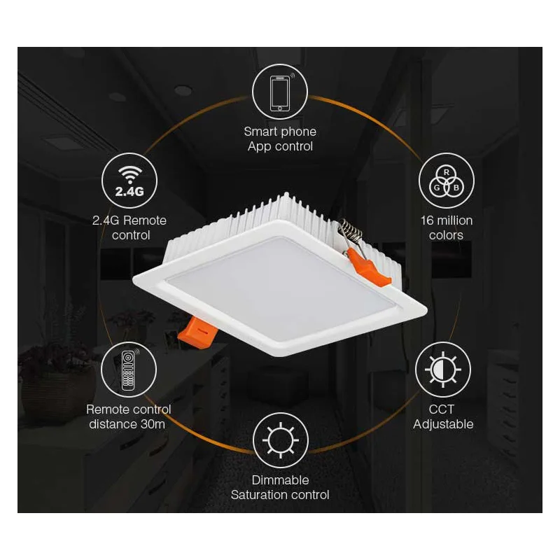 Miboxer FUT064 9W RGB+CCT Square LED Downlight AC100~240V,FUT089 8-Zone RGB+CCT Remote Controller