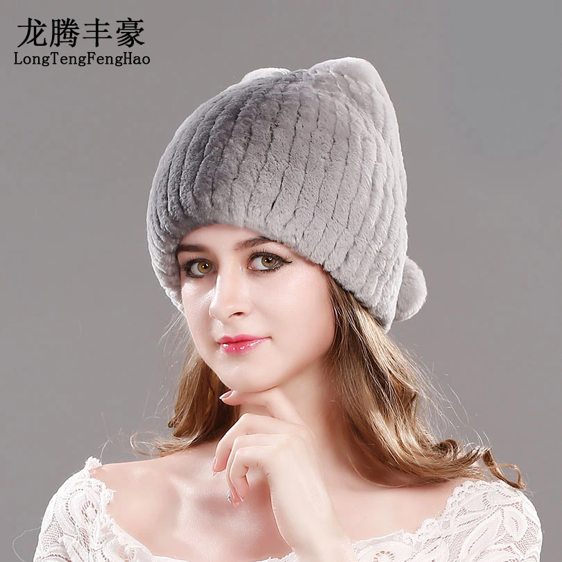 

New Style Woman'S Rex Rabbit Fur Knitted Beanie Hat Winter Warmth Casual Thick Rabbit Fur Russian Hat Ladies Free Shipping