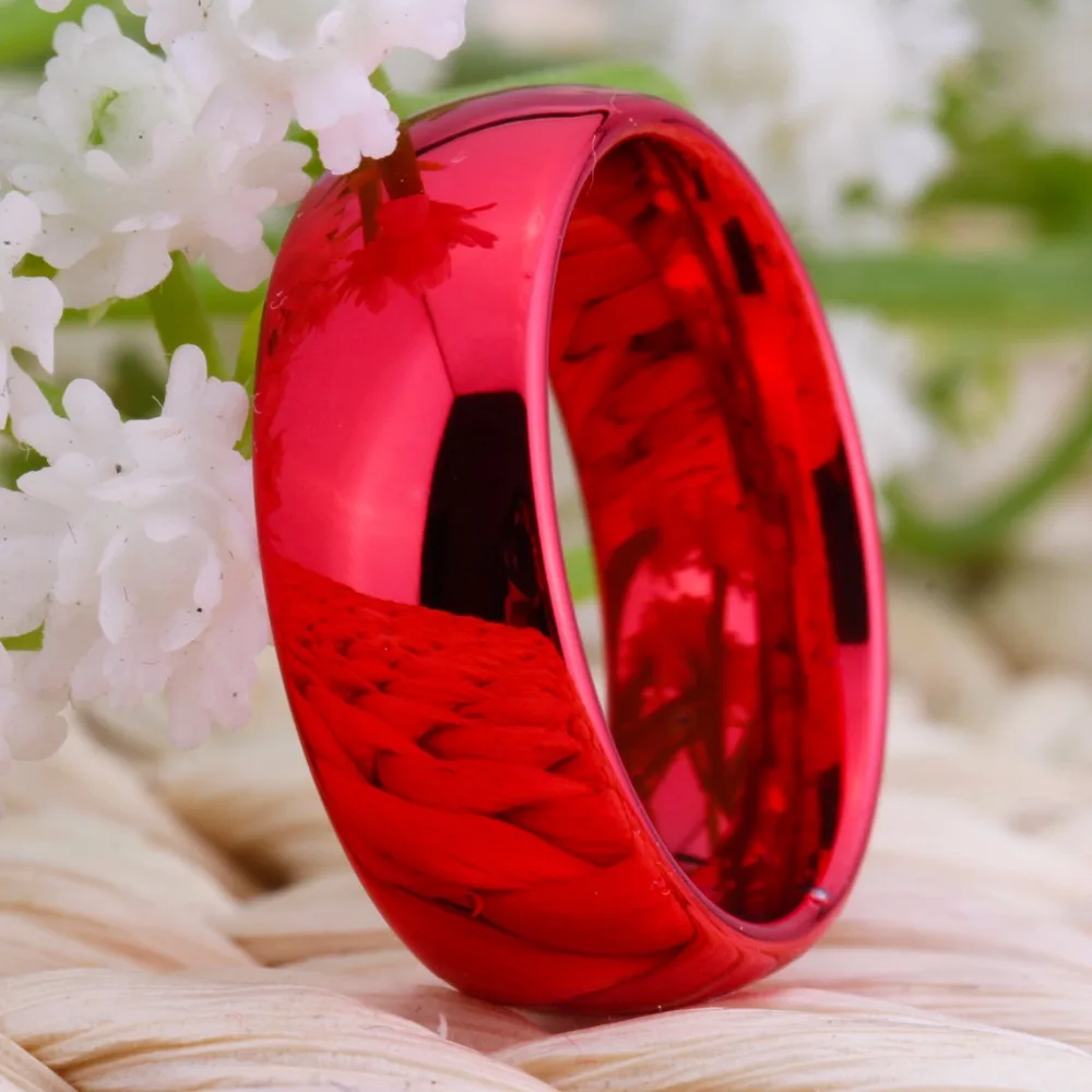 YGK JEWELRY 8MM Width Red Color Domed Tungsten Carbide Wedding Ring