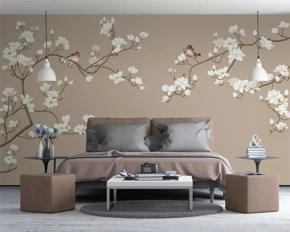 beibehang Custom three-dimensional hand-painted magnolia flower bird mural TV background 3d wallpaper wall papers home decor