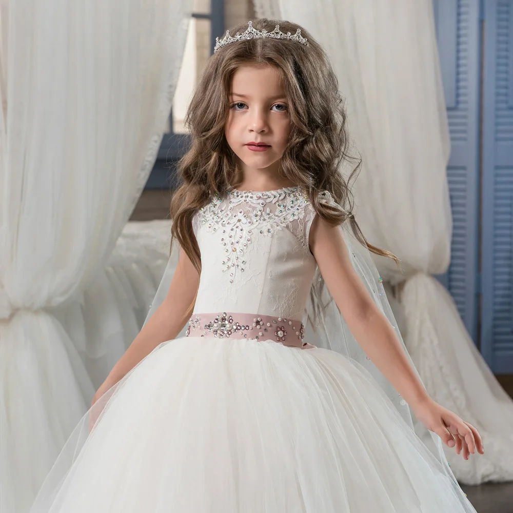 Robe de Rhde première communion de luxe pour enfants, robe de princesse pour filles, robes de demoiselle d'honneur sur mesure, ceinture, châle en organza