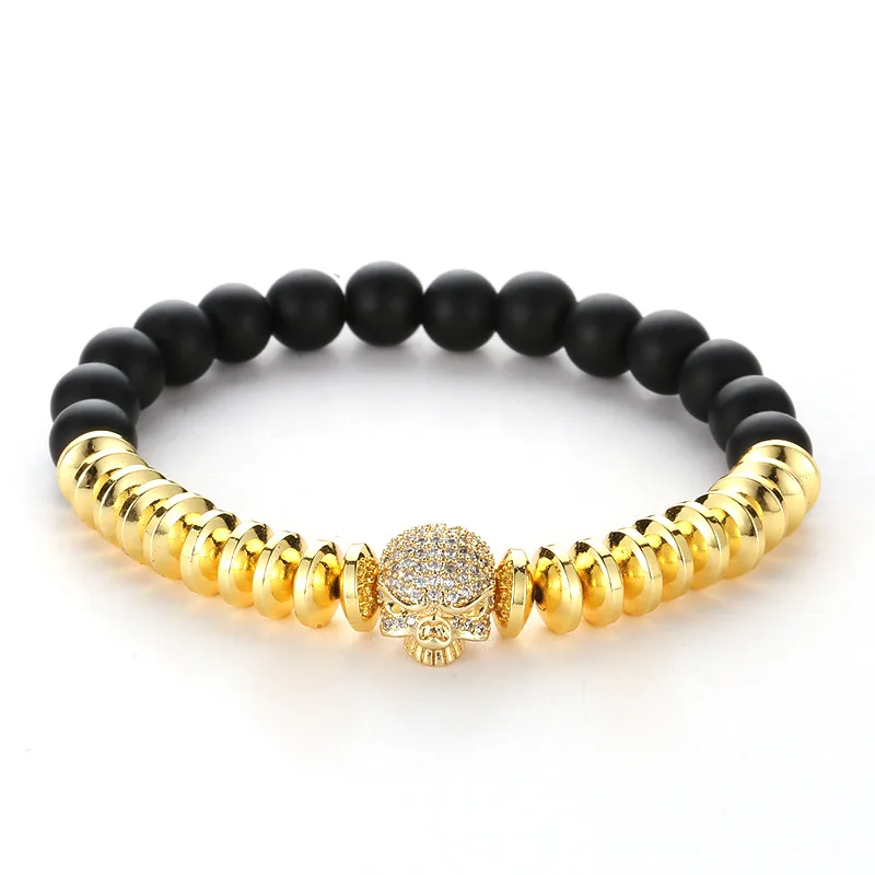 New Trendy Natural 8mm Beads Strand Bracelet Micro Pave CZ Skeleton Skull Black Frosted Stone Energy Men European Buddha Jewelry