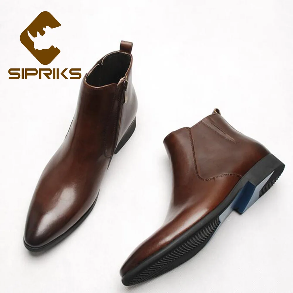 Sipriks Autumn Mens Cowboy Booties Leather Dark Brown Ankle Boots British Gents Suits Zip Shoes Footwear Dress Wedding Boots