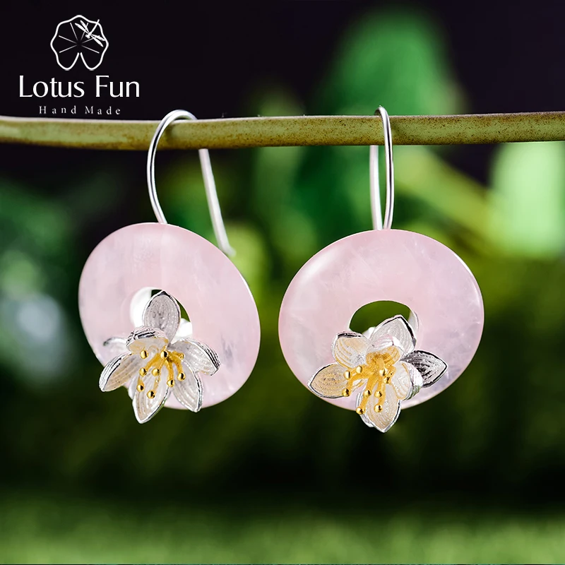 Lotus Fun Real 925 Sterling Silver Natural Stone Creative Handmade Fine Jewelry Lotus Whispers Dangle Earrings for Women Brincos