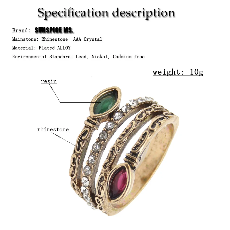 Sunspicems Retro Vintage Bohemia Ring For Women Antique Gold Color Resin Hollow Carve Snake Ring Indian Turkish Banquet Jewelry