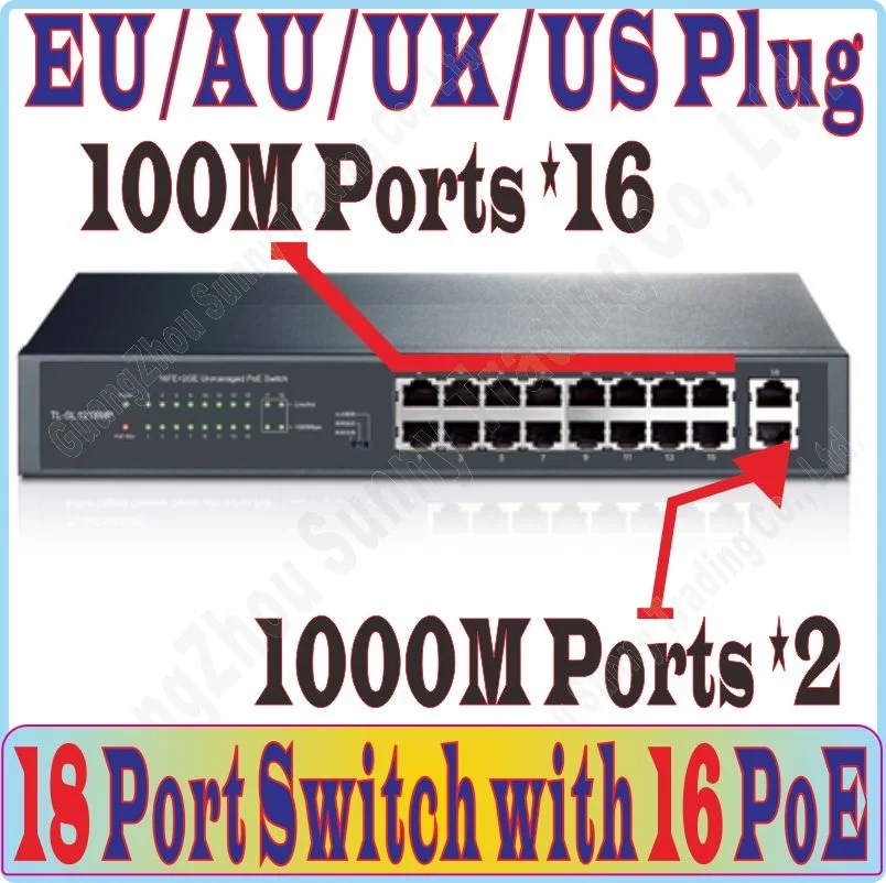 Max. poE 180 wát 16 cổng POE Chuyển Đổi với 16 cổng POE điện để ip máy ảnh, không dây ap, 16-port PoE Chuyển Đổi với 2 RJ-45 Cổng Gigabit